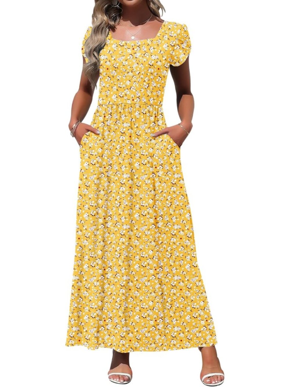 Women's Yellow Square Neck Maxi Dresses Petal Short Sleeve Casual Long Dress